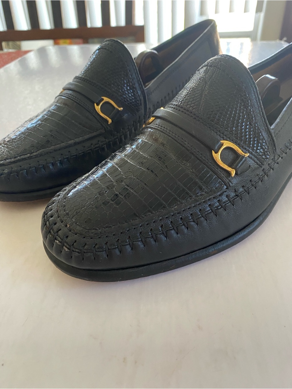 David Eden Black Fine Lizard Embossed Handmade Horsebit Loafers Size 7 Men’s